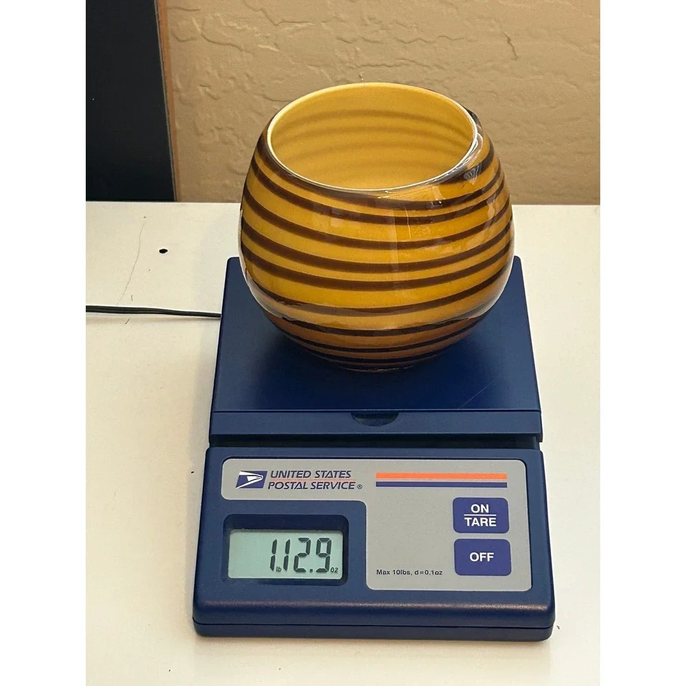 Hand Blown Amber Brown Striped Studio Art Glass Round Bulbous Bowl Votive Holder